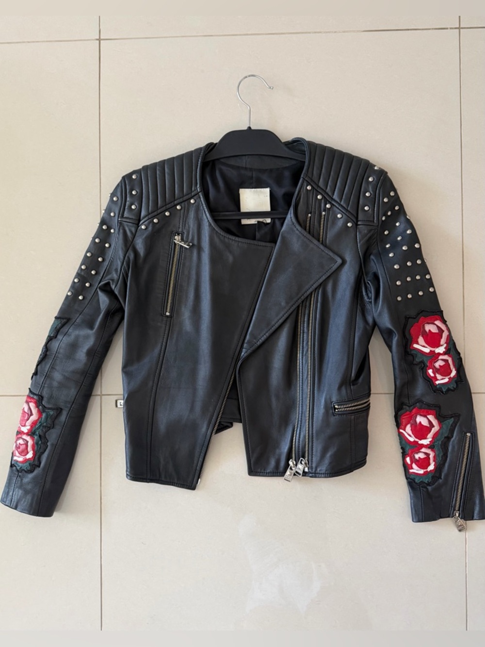 100% Leather Black Studded Leather Moto Jacket with Red Rose Embroidery